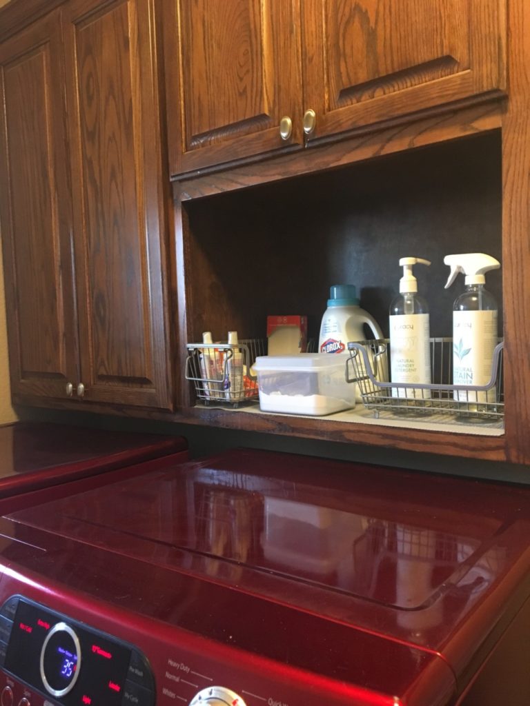 $2 Wire Bins from Walmart went a long way to add some organization to my laundry room! Before, this was just a hodge podge mess of laundry stuff.