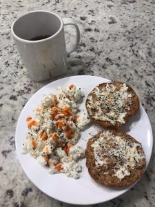 My usual breakfast. Egg whites, an English muffin, and Laughing Cow Cheese with Everything But the Bagel Seasoning and lots of hot sauce