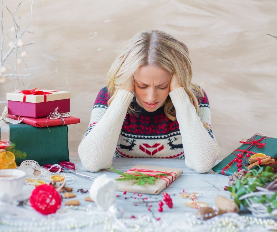 holiday stress woman with presents