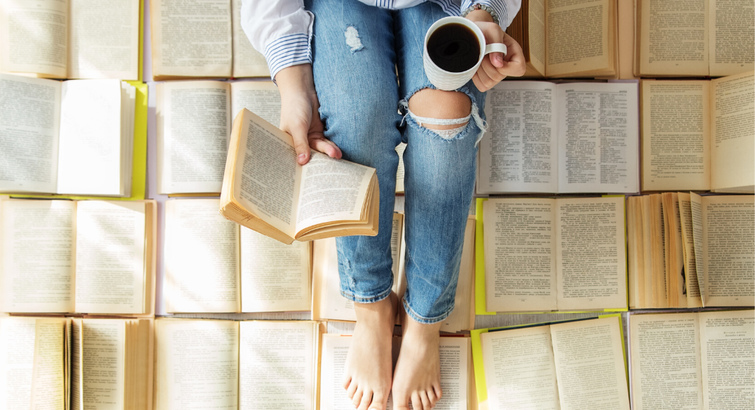 woman reading books with coffee