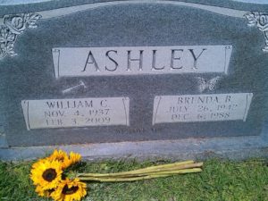 Tombstone with sunflowers on ground