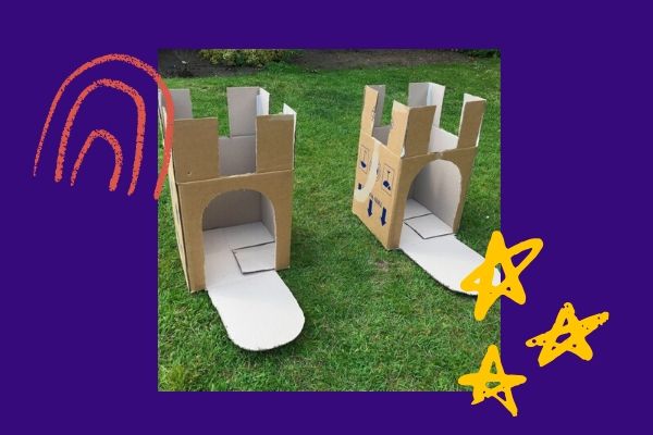 cardboard castles on purple background