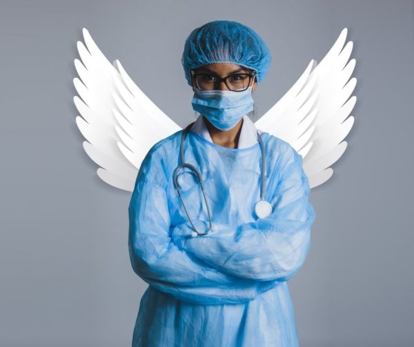 healthcare worker in mask with wings