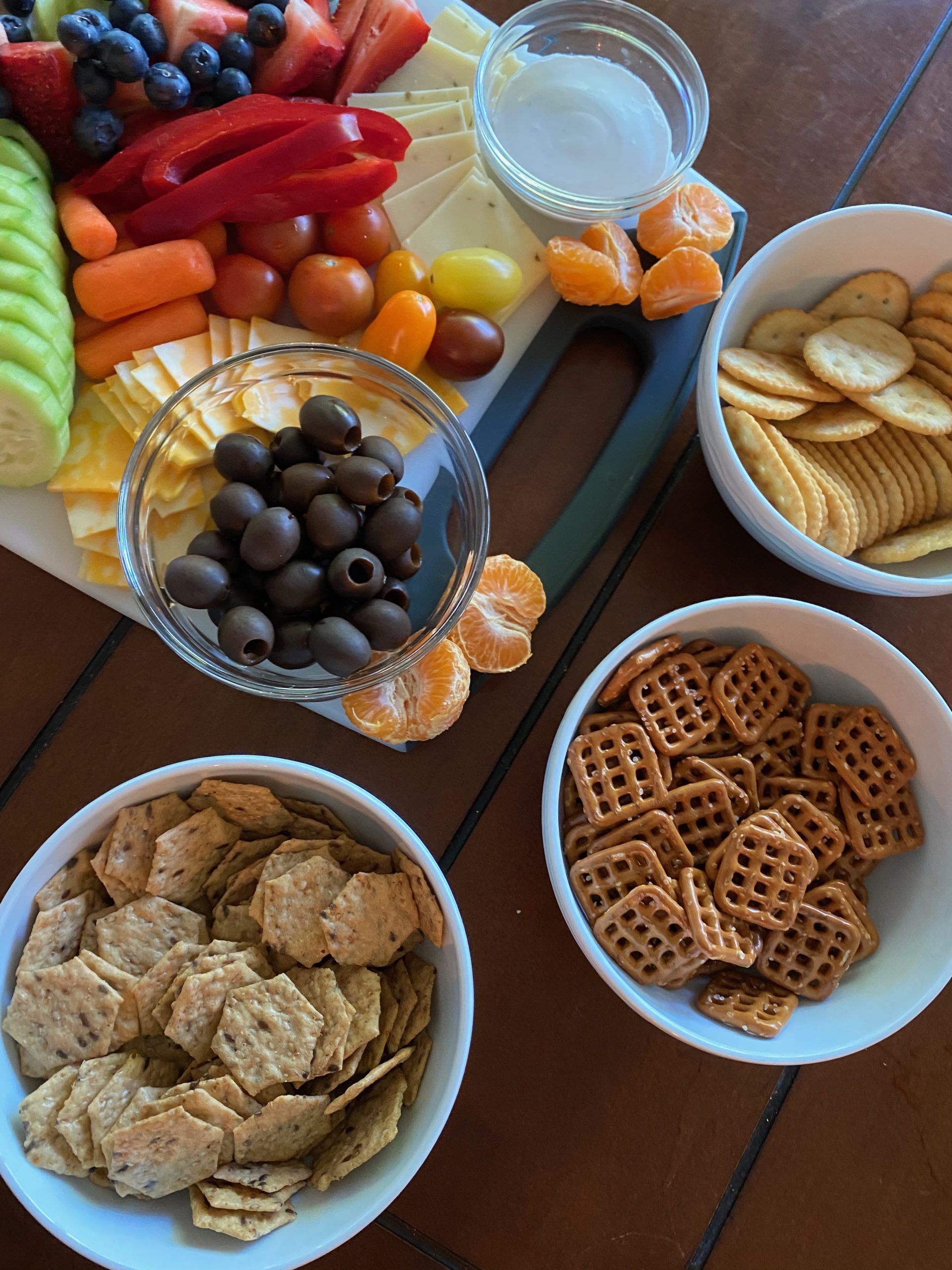 snacks on board and in bowls