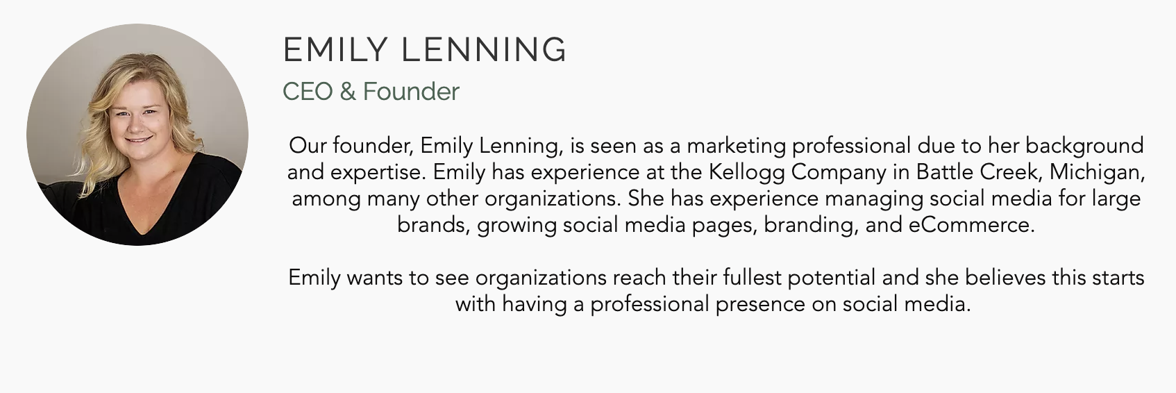 Picture of woman smiling with a bio for Emily Lenning, CEO and founder of Blossom Marketing