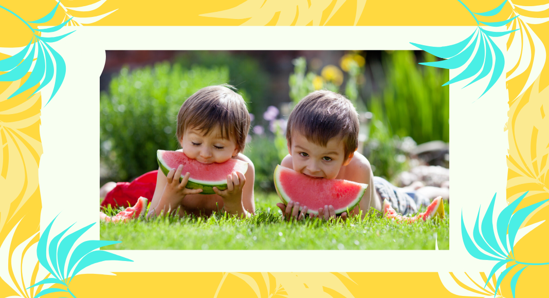 kids eating watermelon in summer