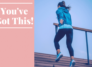 woman running up stairs