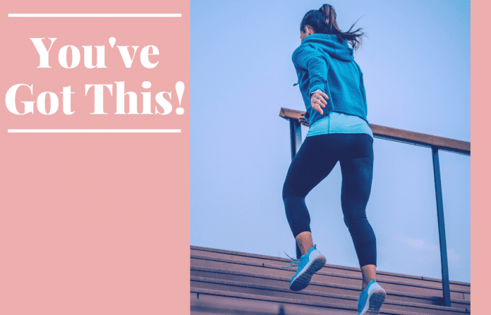 woman running up stairs