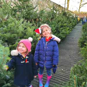 Two little girls smiling in Christmas Tree lot