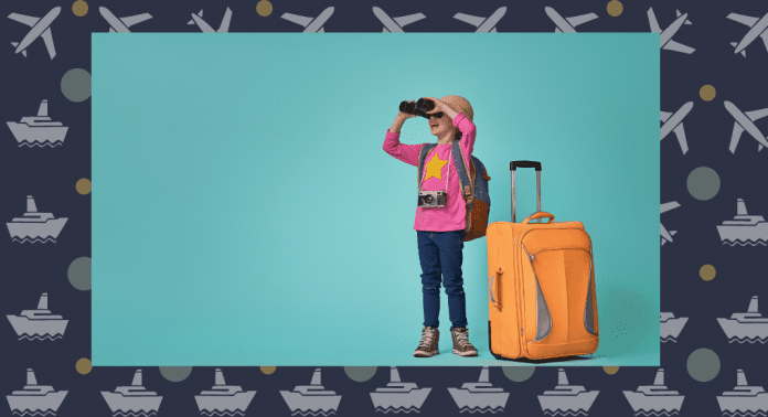 kid with suitcase and binoculars