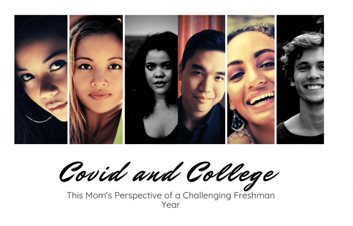 many young adult faces on white background with "Covid and College: This Mom's Perspective of a Challenging Freshman Year"