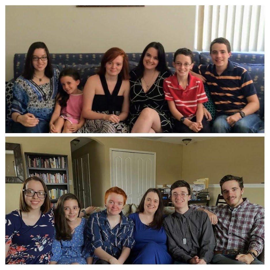 five children with mother at different ages sitting on couch 