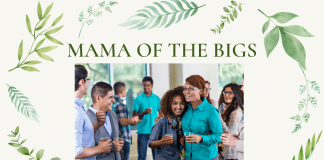 Mama of the Bigs: Embracing the Season of Raising Teens and Adults Cream background with different leaves, with "Mama of the Bigs" in type and a picture of mother with teens