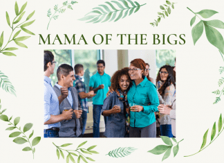 Cream background with different leaves, with "Mama of the Bigs" in type and a picture of mother with teens