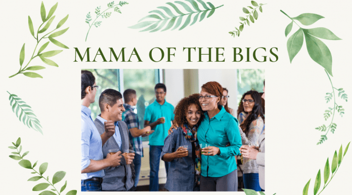 Cream background with different leaves, with "Mama of the Bigs" in type and a picture of mother with teens