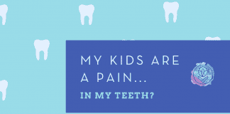 My Kids Are A Pain…In My Teeth? teeth floating on a pale blue background with darker blue box, "My Kids are a Pain...In My Teeth?" in text and MMC logo