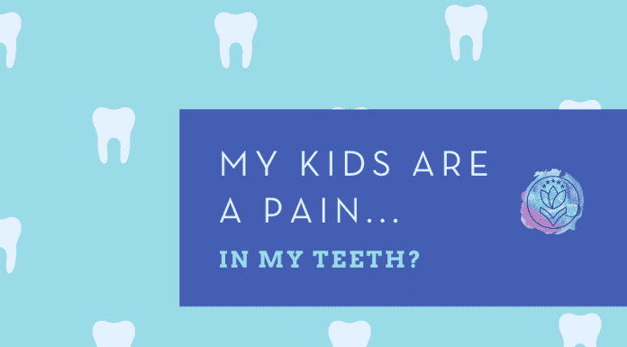 teeth floating on a pale blue background with darker blue box, "My Kids are a Pain...In My Teeth?" in text and MMC logo