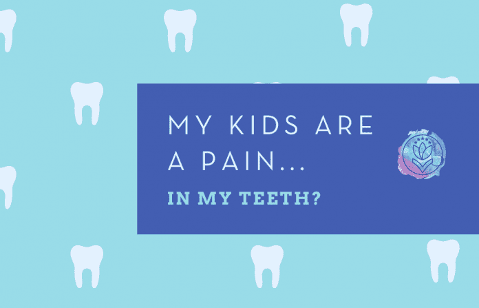 teeth floating on a pale blue background with darker blue box, "My Kids are a Pain...In My Teeth?" in text and MMC logo