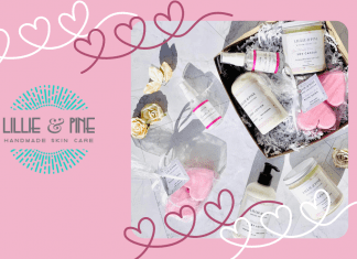 Lillie +Pine Valentine's products on pink background