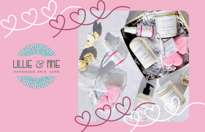 Lillie +Pine Valentine's products on pink background