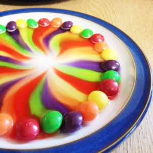 skittles on a plate with water to make a rainbow