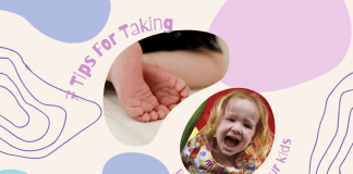 multicolor whimsical background with picture of baby feet and little girl with "7 Tips for Taking Better Photos of your Kids" in text