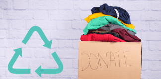 white chalk background with donation box of clothes and recycle symbol