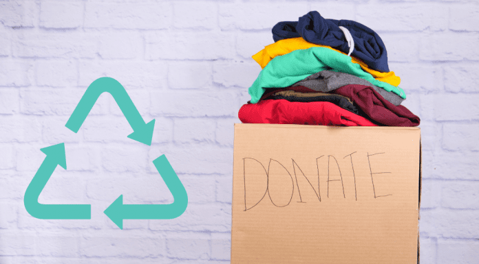 white chalk background with donation box of clothes and recycle symbol