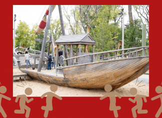 Picture of boat at Gathering Place Tulsa on red background with graphics of children playing