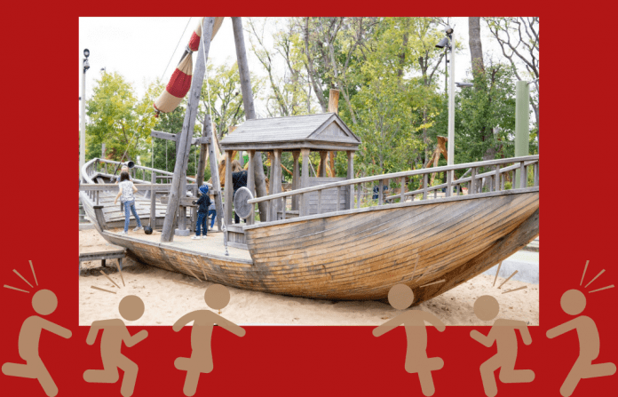 Picture of boat at Gathering Place Tulsa on red background with graphics of children playing