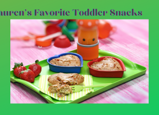 Lauren's Favorite Toddler Snacks with fruit and snacks on a green tray