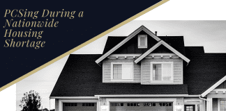 black and white image of home with gold lettering stating PCSing During a Nationwide Housing Shortage