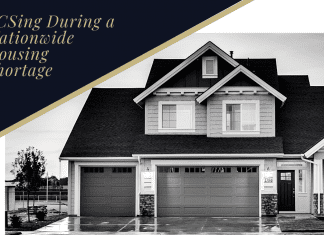 black and white image of home with gold lettering stating PCSing During a Nationwide Housing Shortage