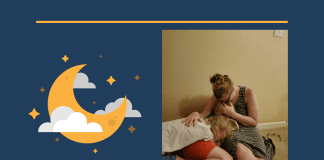 I Do My Best Parenting When My Kids Are Asleep blue background with moon and clouds and image of mother and child sleeping