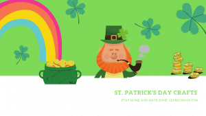 St. Patrick's Day Crafts image with leprechaun and rainbow with a pot of gold