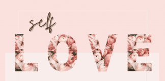 Self-Love Over Self-Care: Finding Happiness From Within pink graphic with "self love" in brown and rose lettering