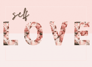 pink graphic with "self love" in brown and rose lettering