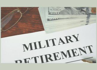 money, glasses, and pen with paper that reads "military retirement"