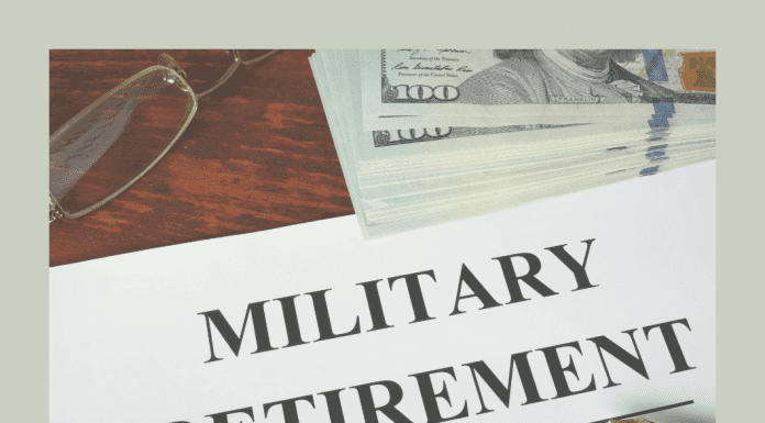 money, glasses, and pen with paper that reads "military retirement"