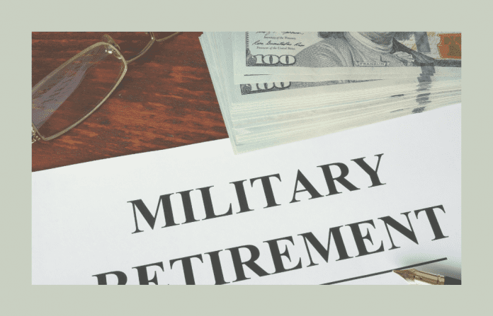 money, glasses, and pen with paper that reads "military retirement"