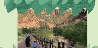 father and son at a national park on green nature background