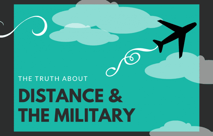 teal and black graphic with an airplane and sky outline with "the truth about distance & the military" in text