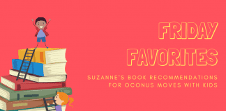 stack of book with child on top with "Friday Favorites: Suzanne's Book Recommendations for OCONUS Moves with Kids: