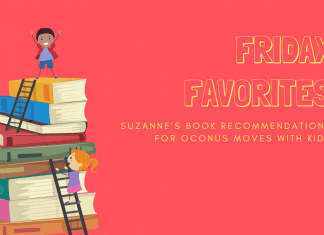 stack of book with child on top with "Friday Favorites: Suzanne's Book Recommendations for OCONUS Moves with Kids: