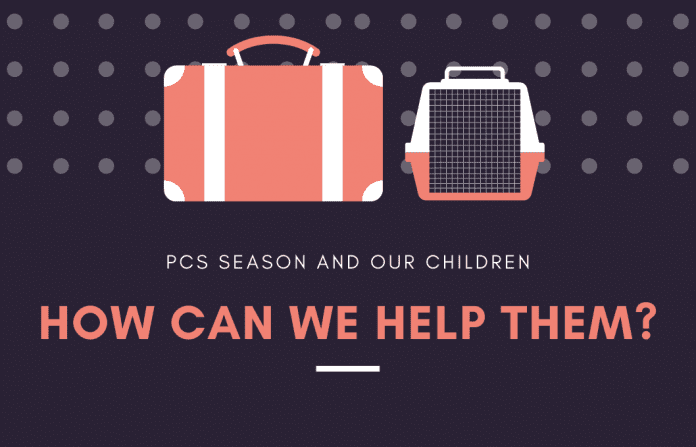 pcs season and our children graphic with luggage and "PCS Season and our children, how can we help them? in text