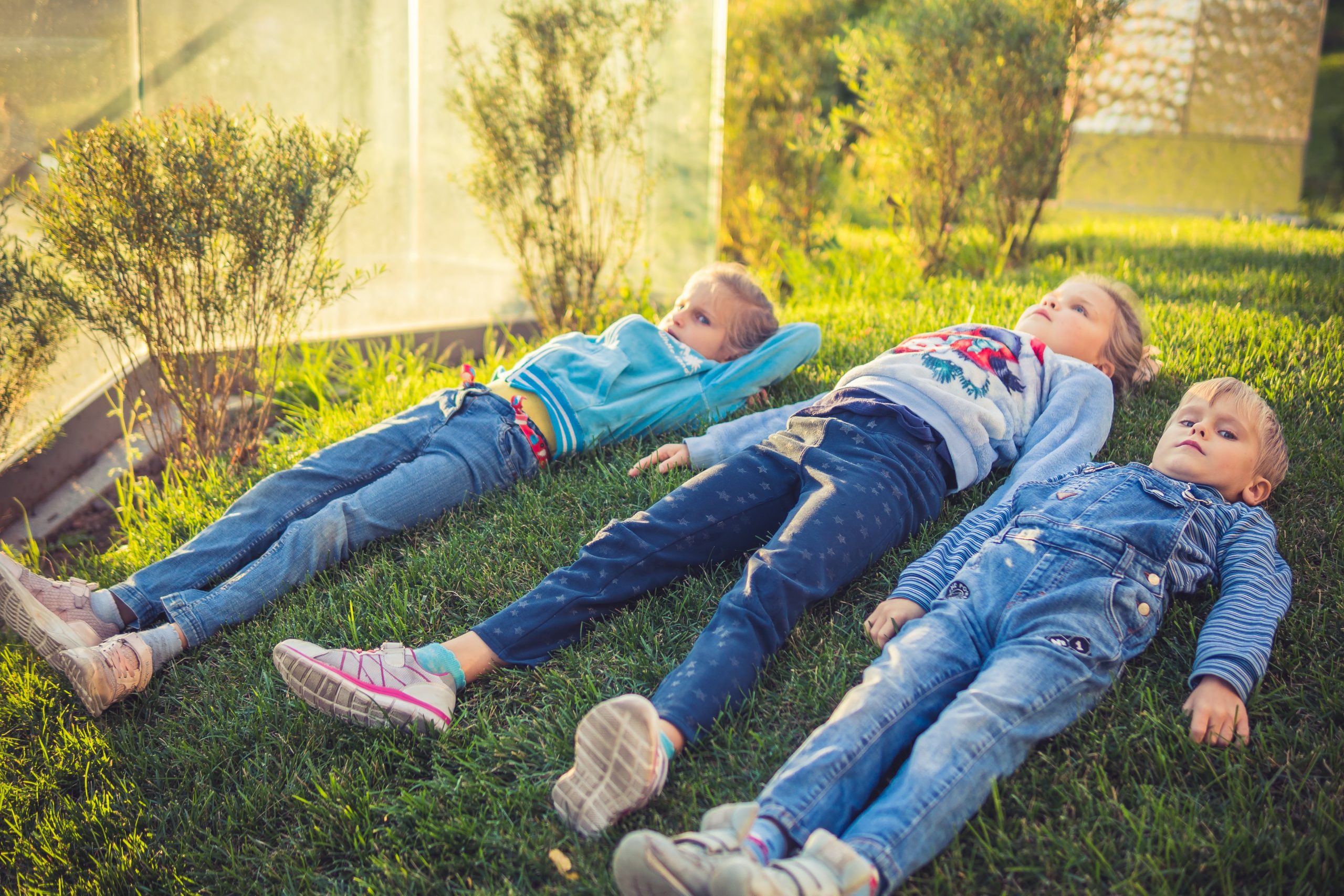 children laying on the grass and resting