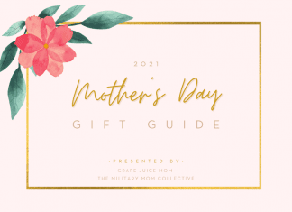 Pink graphic with floral accent with "2021 Mother's Day Gift Guide, presented by The Military Mom Collective"