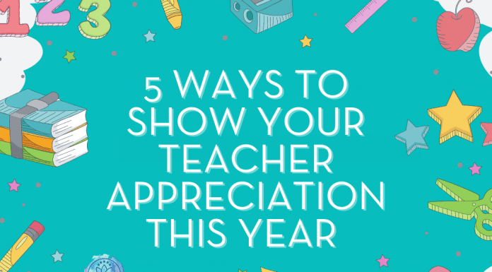 school supplies on a teal background with "5 Ways to Show Your Teacher Appreciation This Year" in text