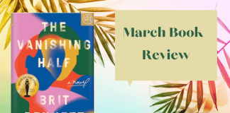 March Book Review graphic with palm leaves and The Vanishing Half by Brit Bennett