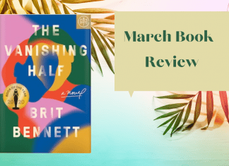 March Book Review graphic with palm leaves and The Vanishing Half by Brit Bennett